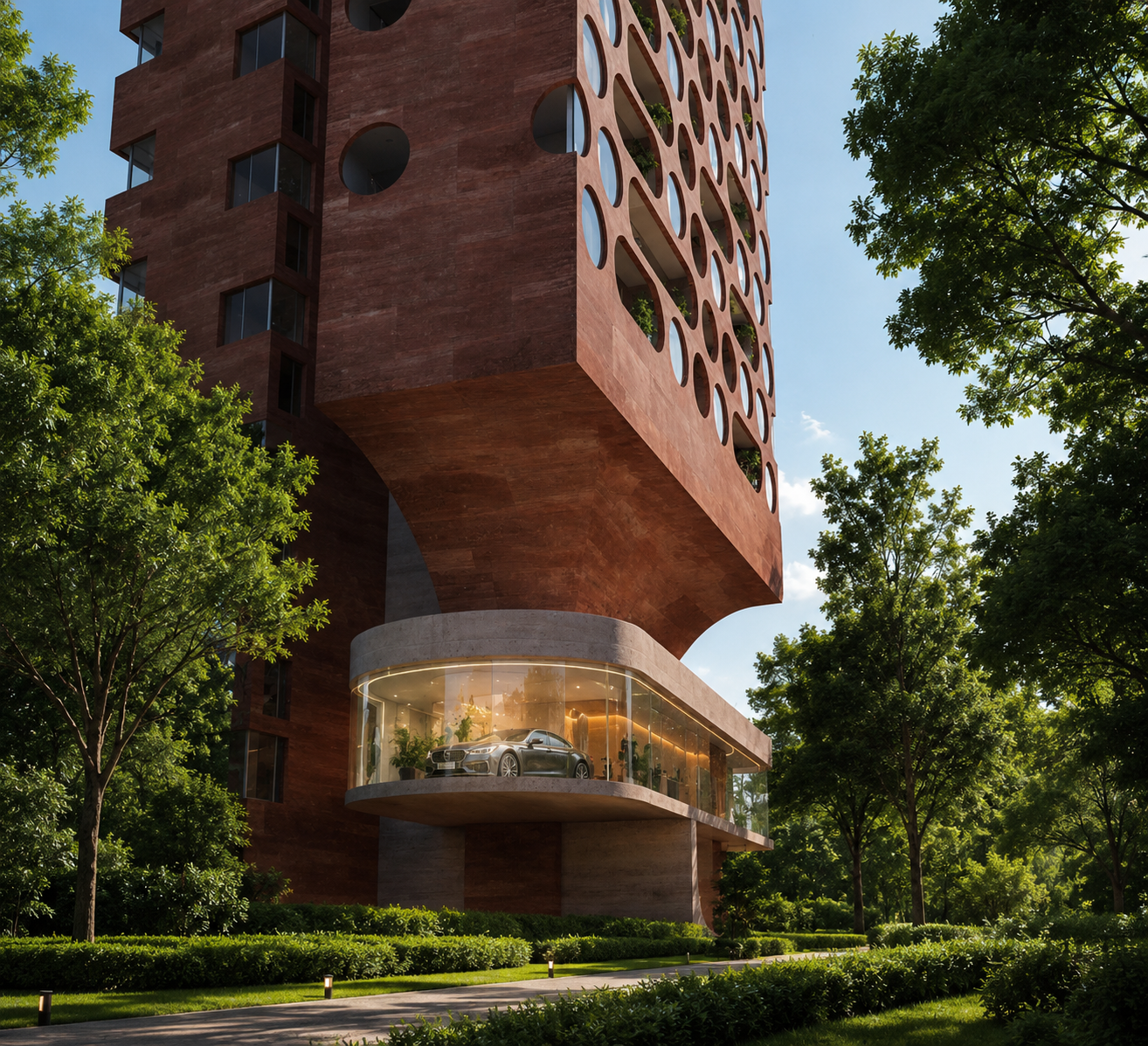 Tower base with garden and showroom